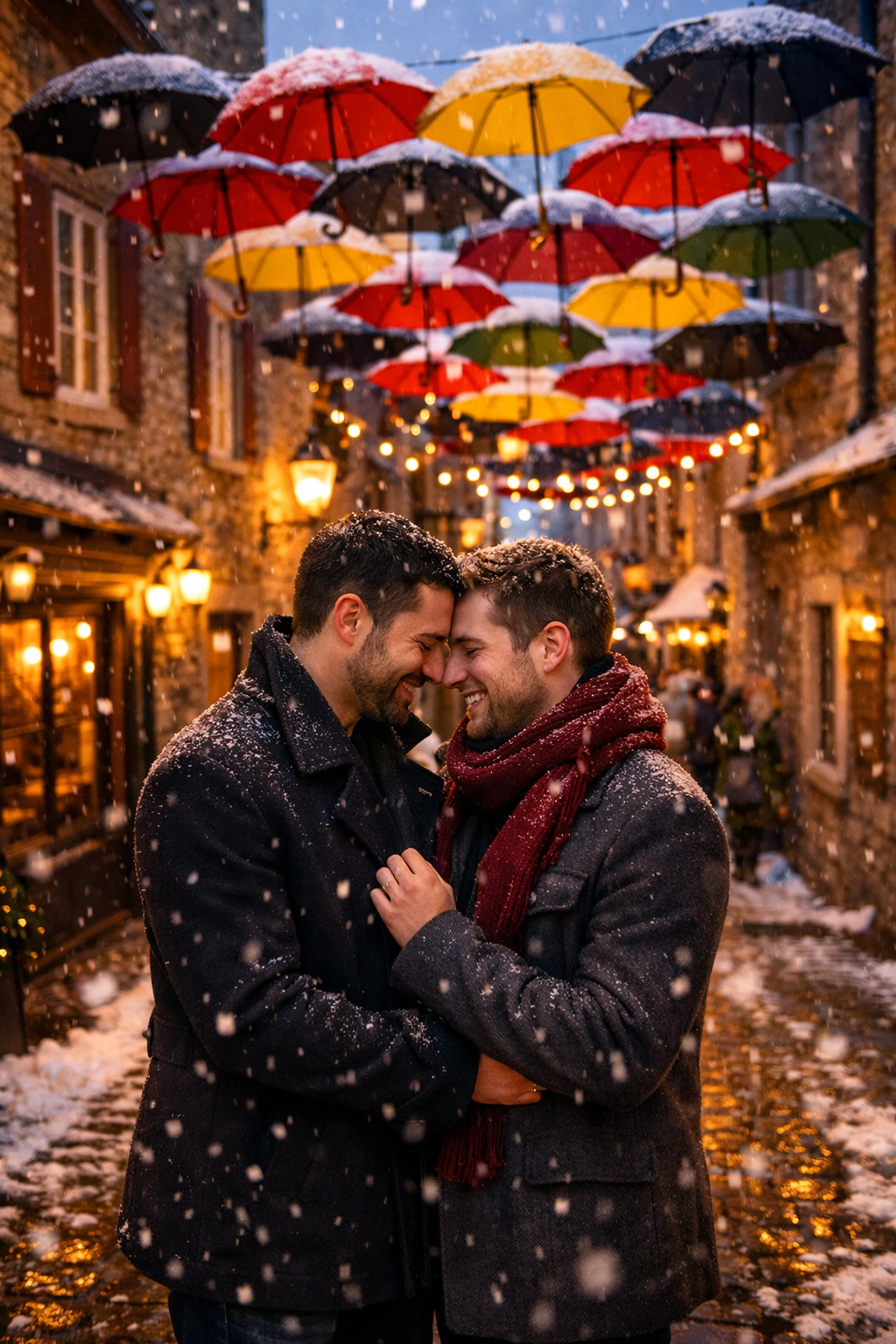 Gay couple on romantic winter date at Umbrella Alley in Old Quebec's cobblestone streets