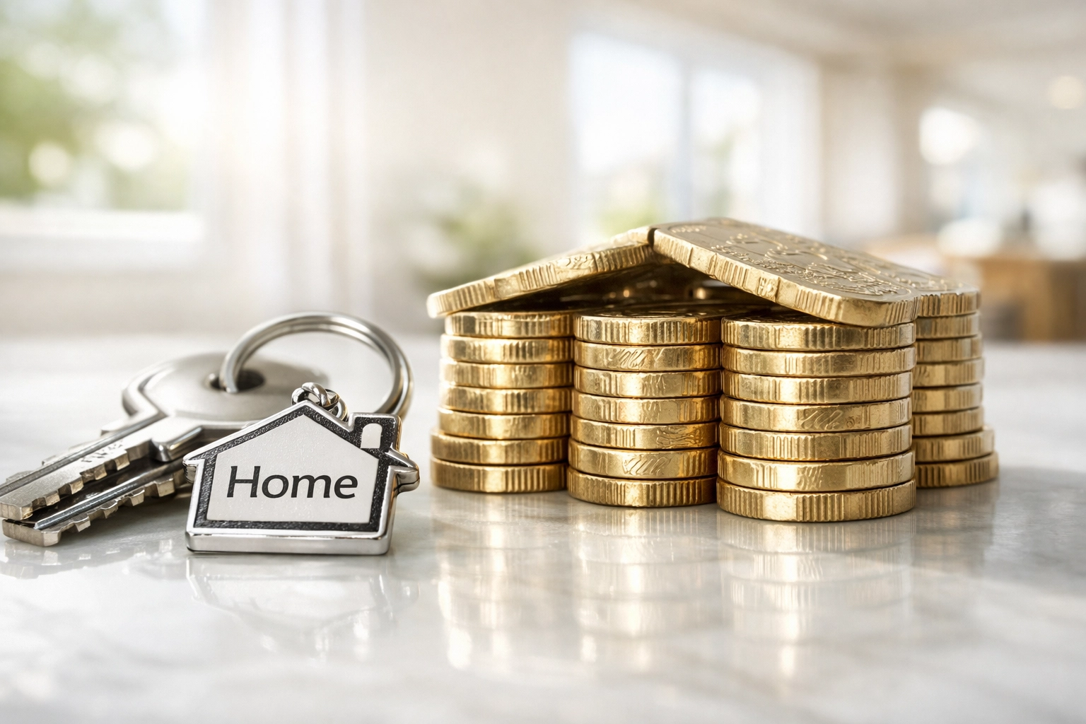 House keys next to British pound coins representing a deposit for a UK mortgage as a foreign national.
