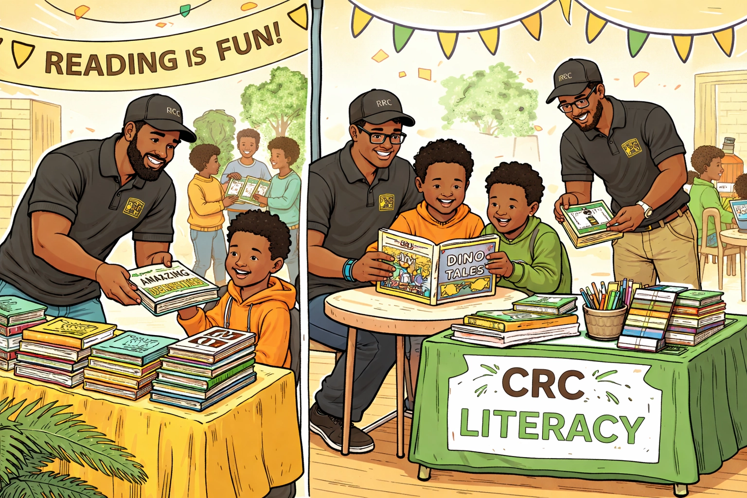 Comic-style illustration of BIPOC men mentoring boys at a CRC youth literacy event, handing out books and reading together at a community table (no real photo)