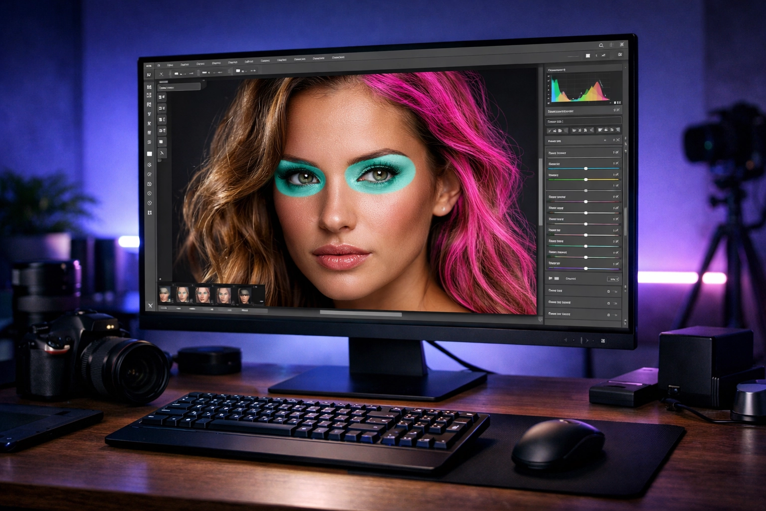 Photographer using AI photo editing tools to retouch a portrait in a professional studio workspace.