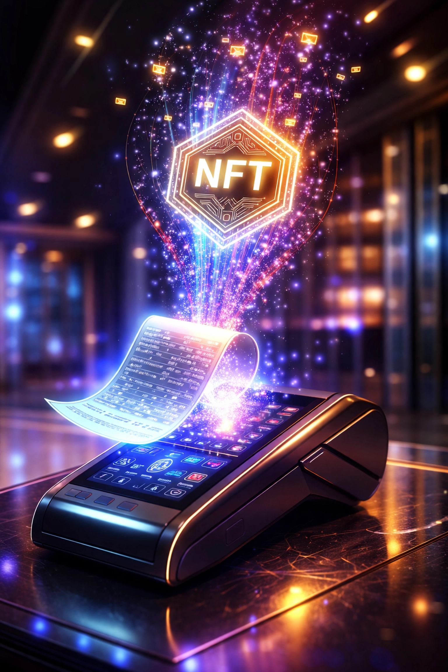 NFT receipt illustration showing a digital transaction transforming into a blockchain token for Web3 payments