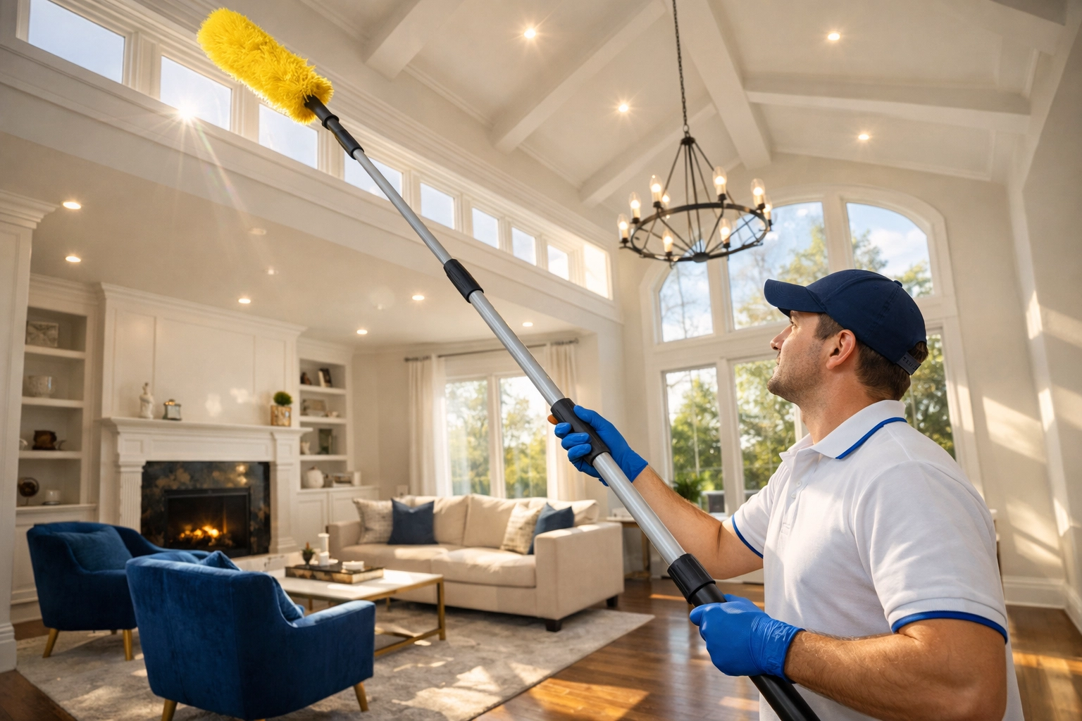 Professional cleaner dusting high window ledges in a newly renovated luxury living room.
