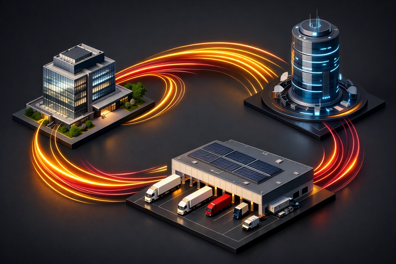Visualization of 1PL-4PL integration connecting enterprise headquarters with warehouse logistics nodes.