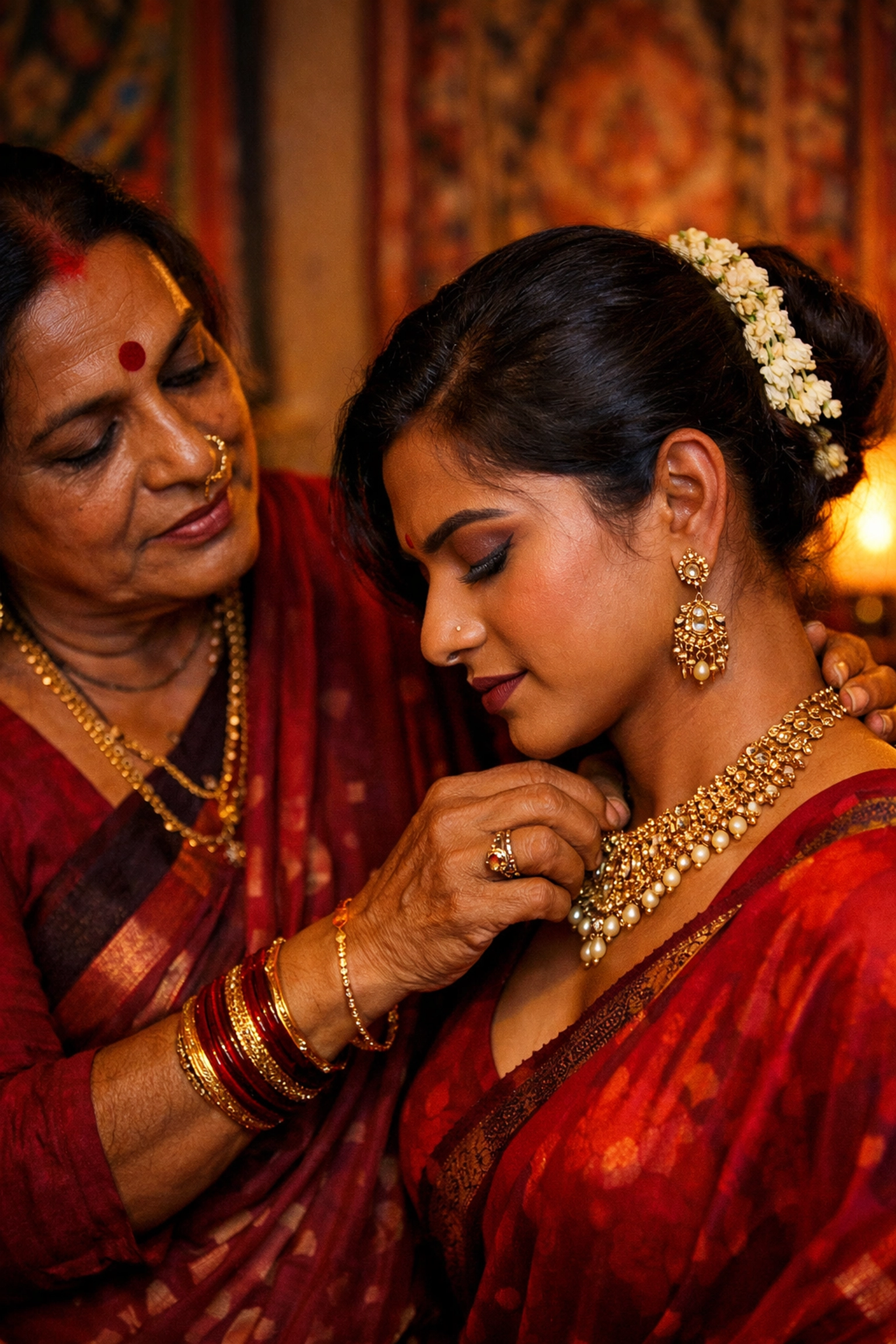 Hijra Guru and disciple in a traditional setting, showing the sacred bond of found family and queer mentorship.