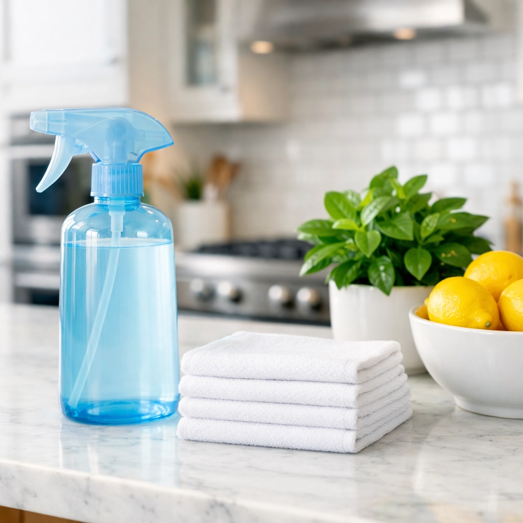 Eco-friendly residential cleaning products and microfiber cloths on a white marble kitchen island.
