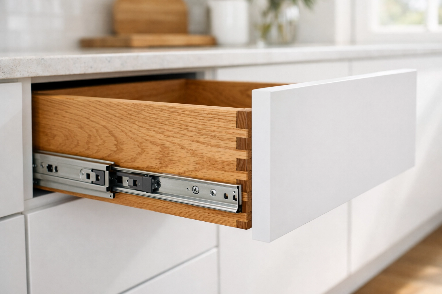 Custom kitchen remodel cabinets featuring a white drawer with soft-close hardware and oak dovetail joints.