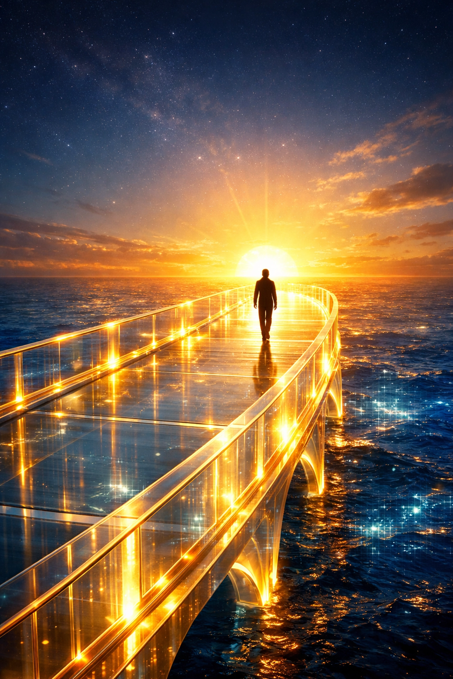 A golden bridge over a digital ocean symbolizing data transparency and user trust.