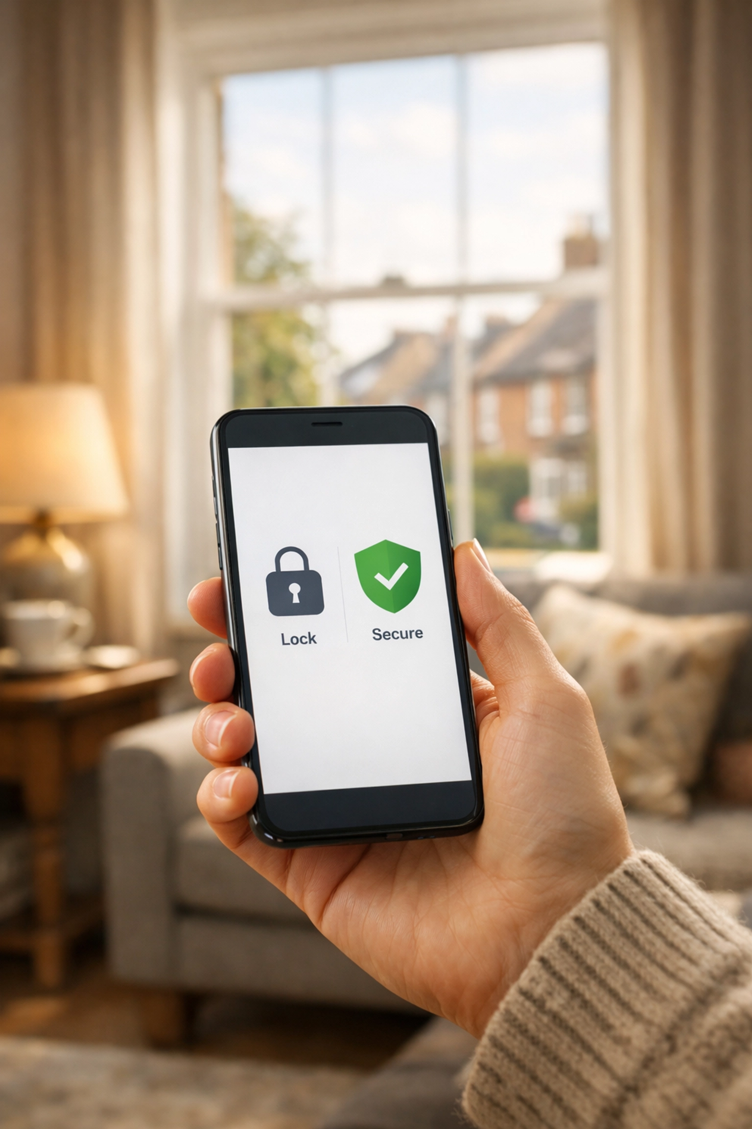 Smartphone app displaying home security status in an Abingdon living room for smart intruder alarm monitoring.