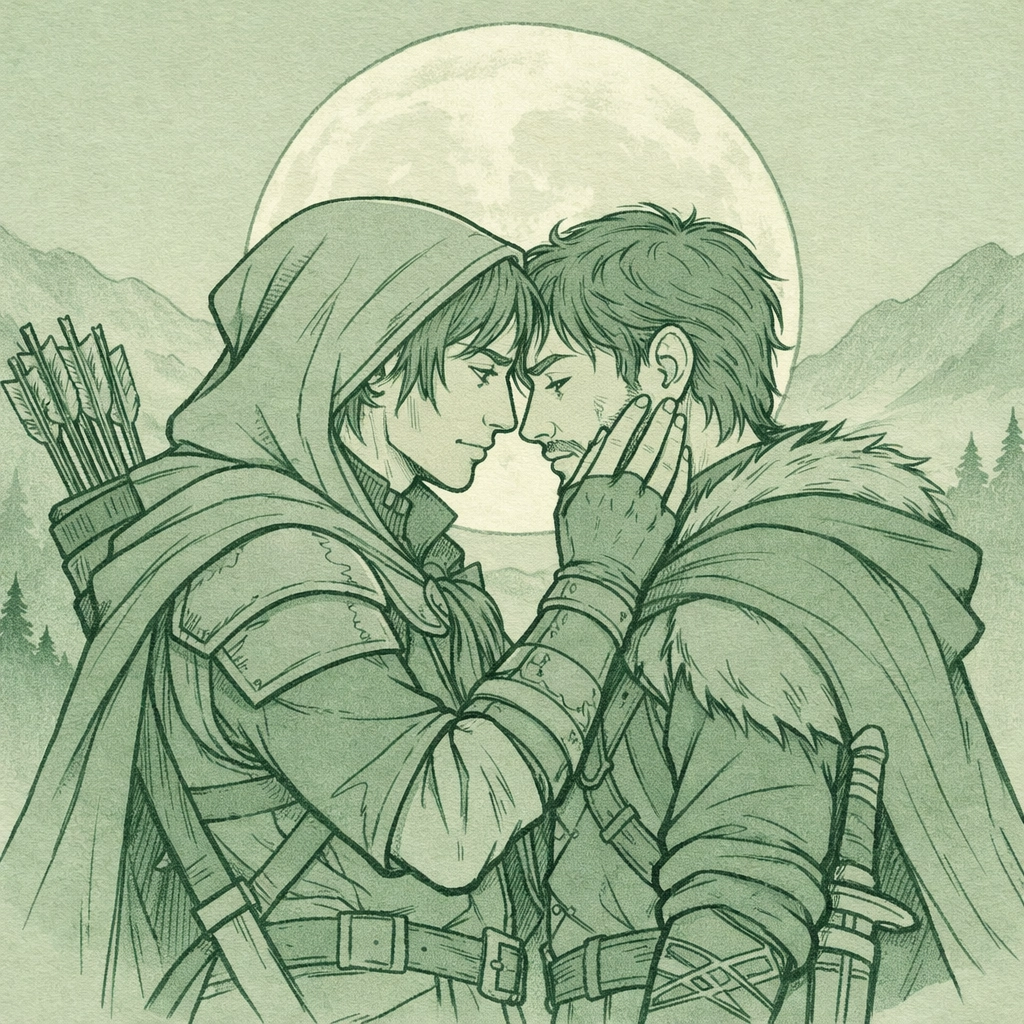 Male hunters romantic moonlight moment in gay fantasy romance