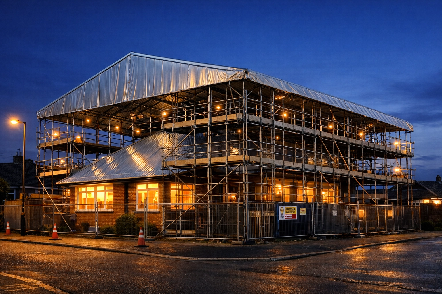 Professional scaffolding and temporary roof protection for a bungalow renovation project in Bognor Regis.