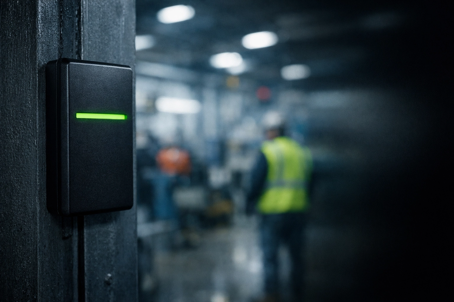 Modern badge reader for physical access control at a manufacturing plant in Lincoln, Nebraska.
