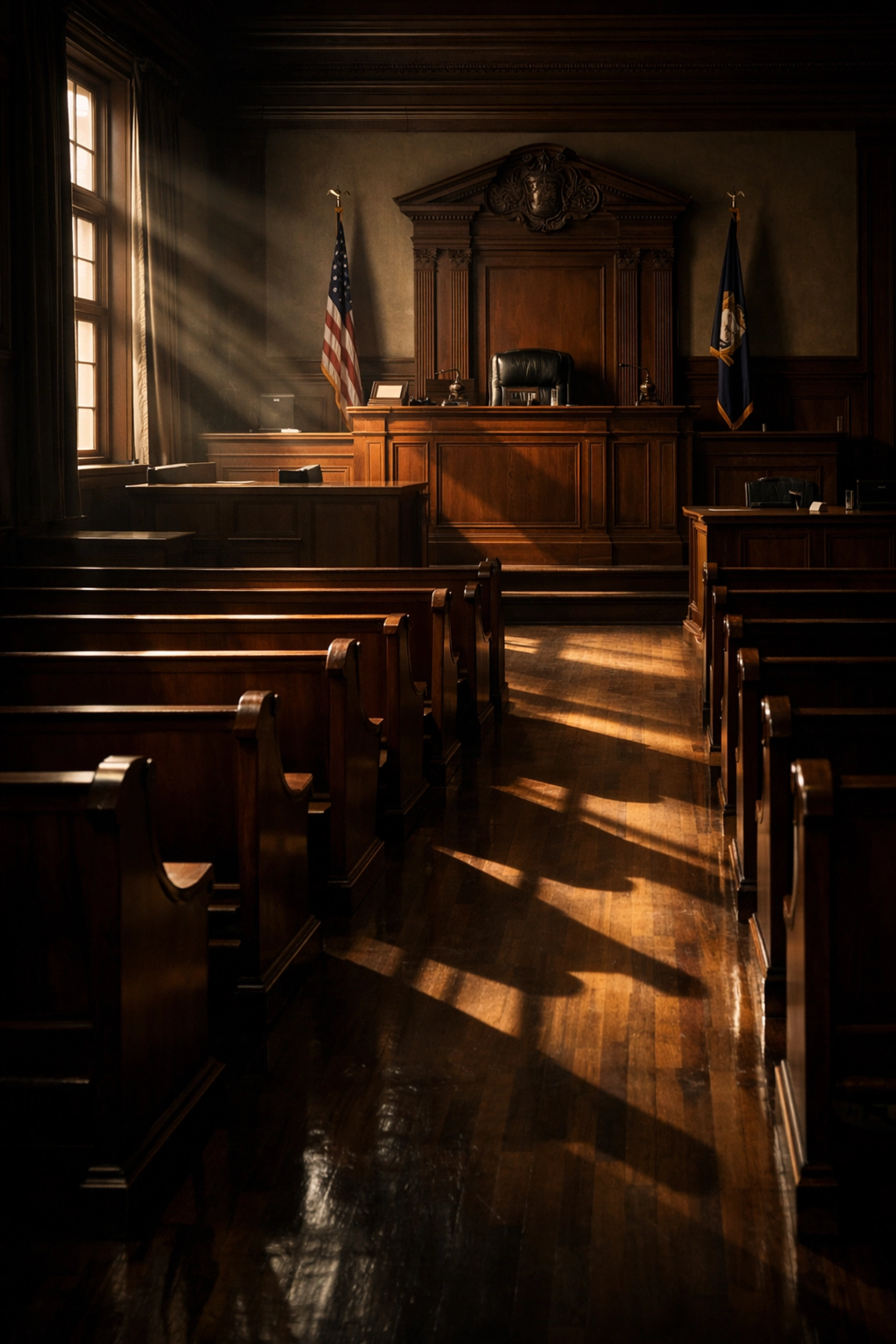 Empty courtroom with dramatic lighting representing justice and accountability