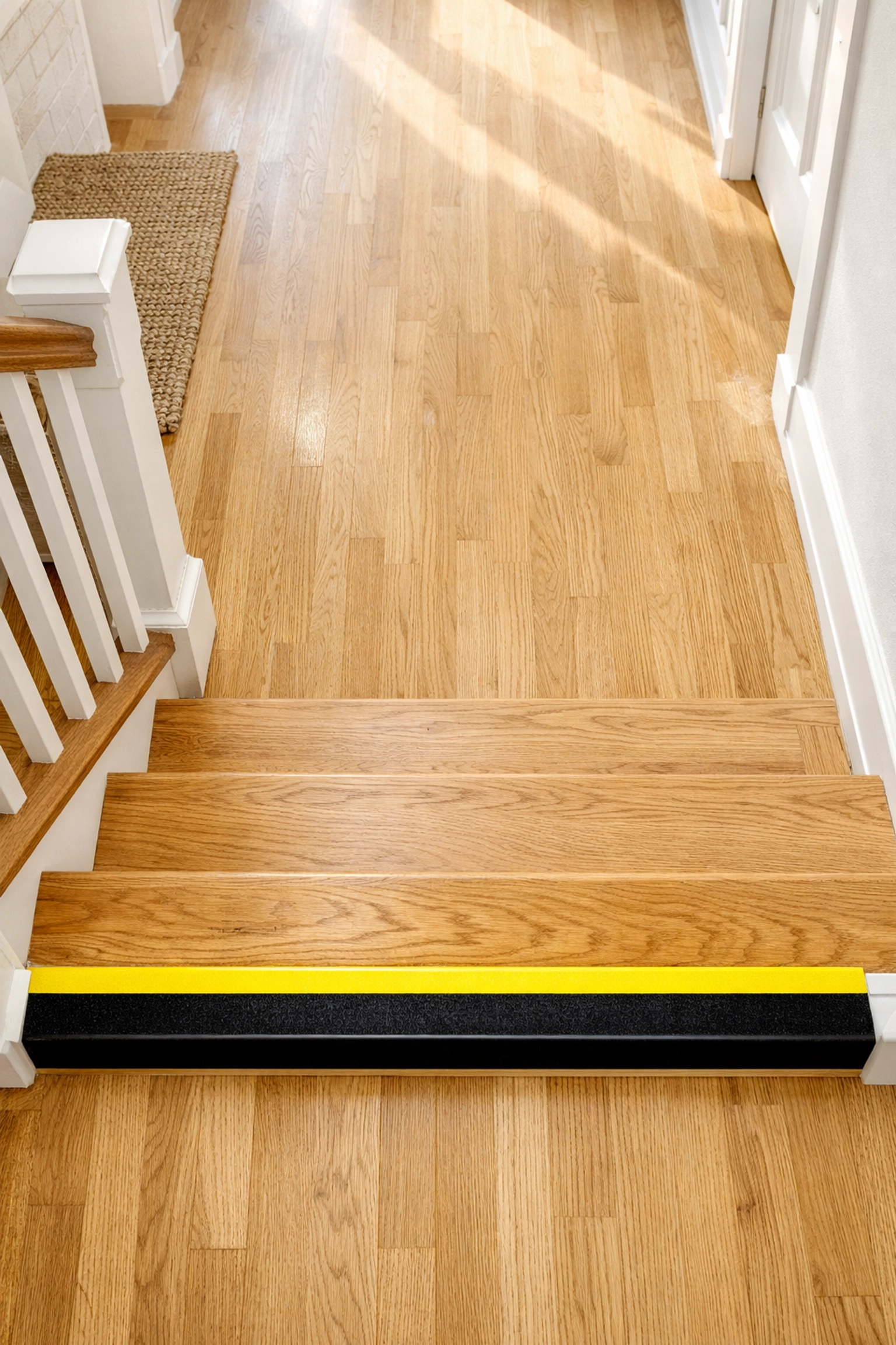 High-contrast safety marking on the bottom step to improve depth perception and prevent tripping.