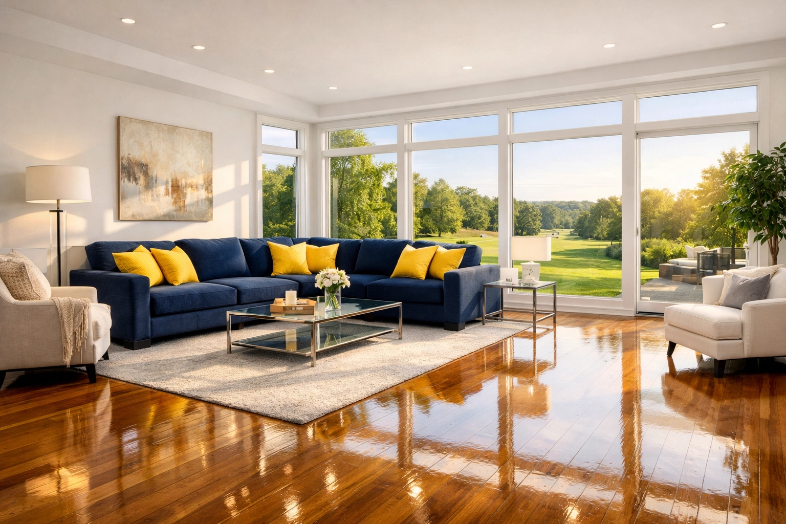 Spotless modern living room in Westford MA showing the results of professional cleaners.