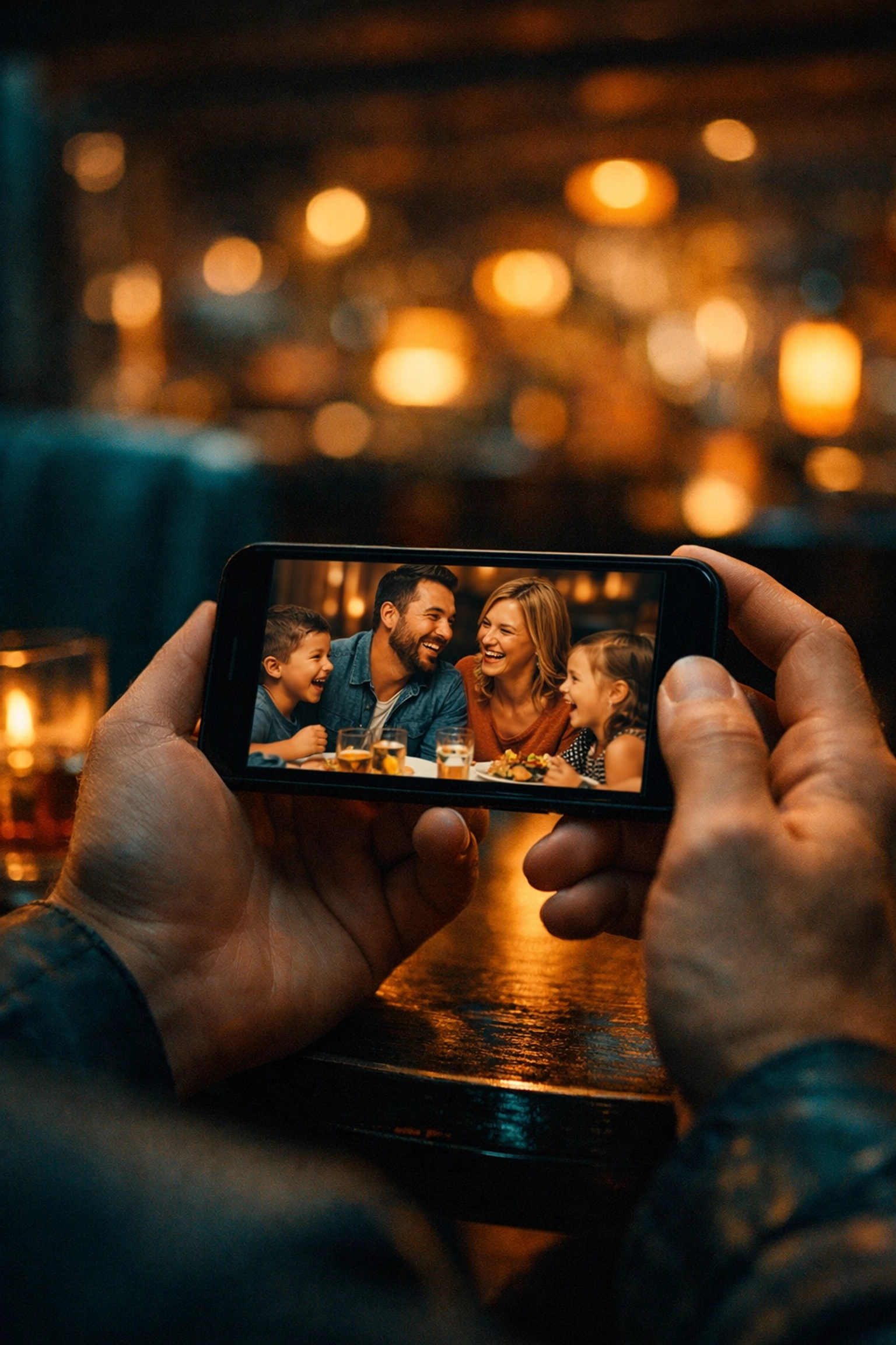 Person viewing authentic customer feedback and reviews on a smartphone in a local restaurant.
