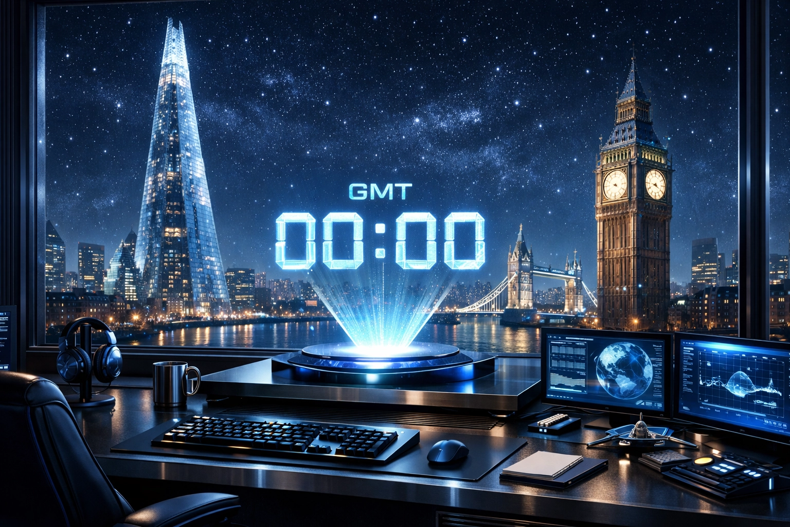 A command center view of the London skyline at night with a clock synchronized to Greenwich Mean Time.