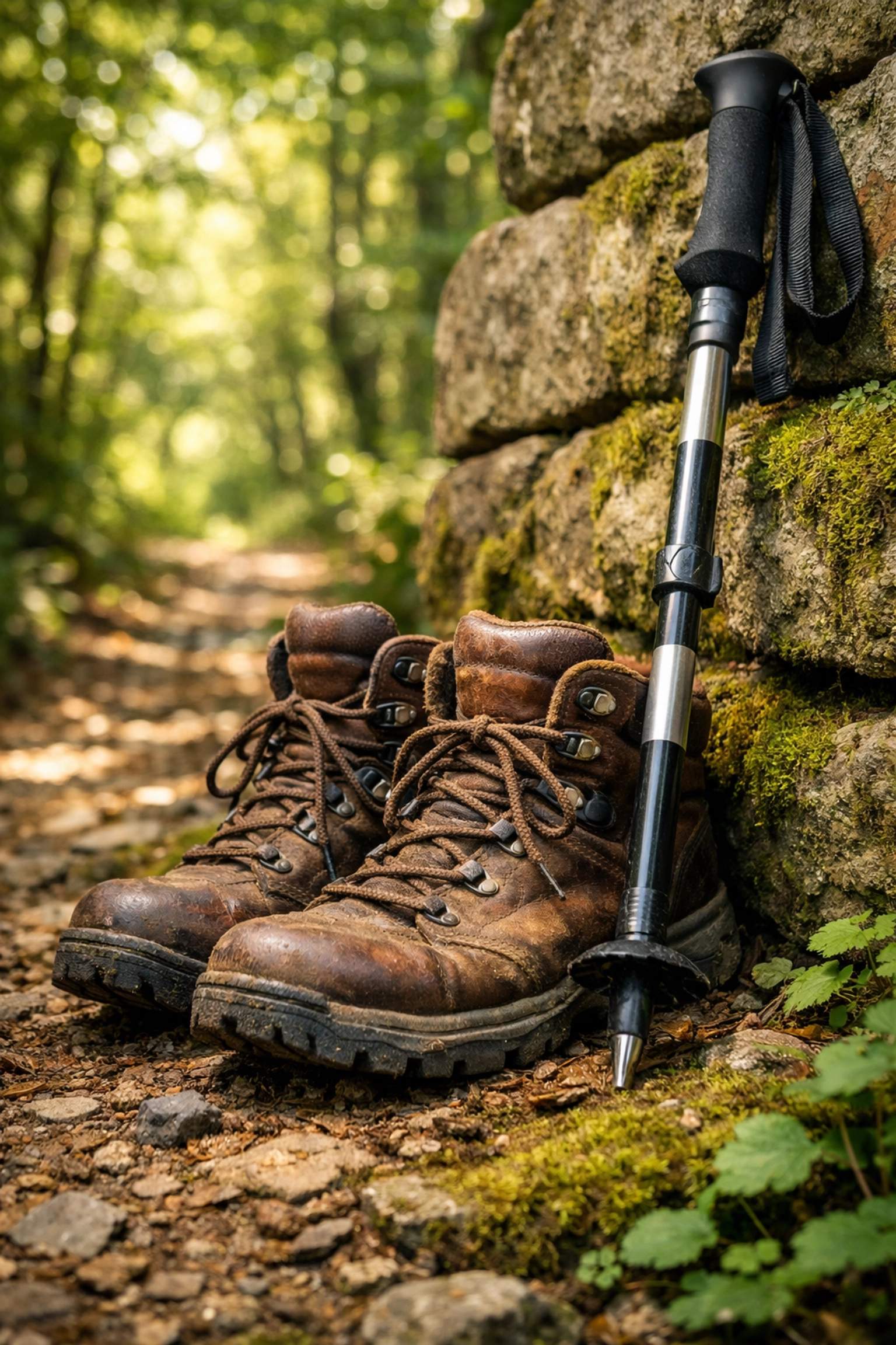 Durable waterproof leather boots and trekking poles ready for a UK hiking adventure.