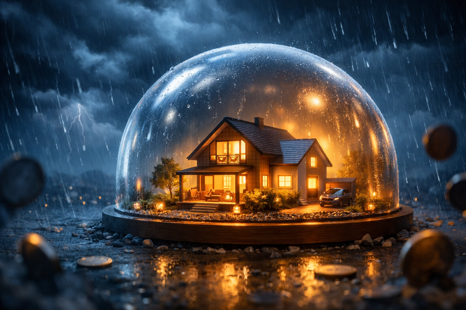 Miniature house protected by a glass dome during a storm, symbolizing financial security and emergency savings.