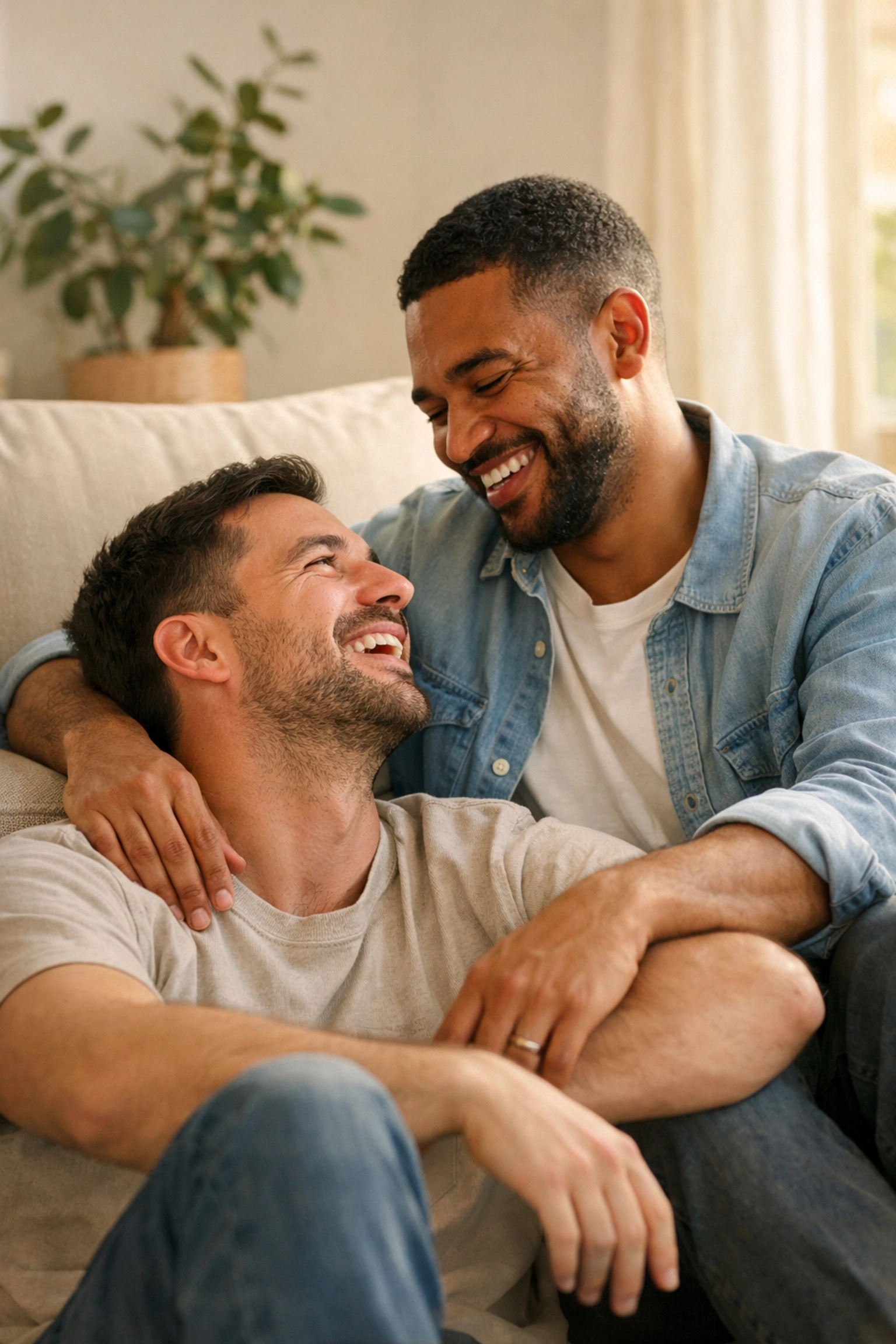 Two men sharing a joyful, intimate moment in a sunlit room, illustrating the emotional connection in MM romance books.