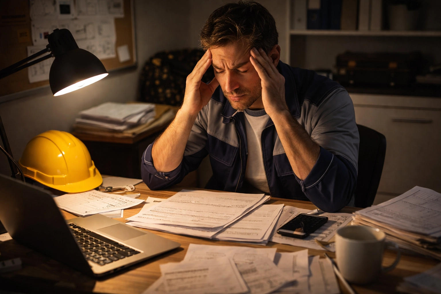 Exhausted contractor sits at cluttered desk late at night, illustrating owner-operator burnout in construction businesses.