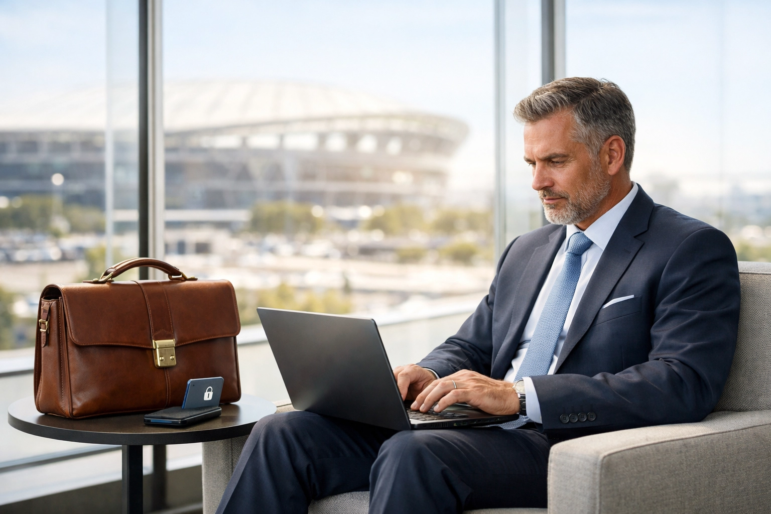 PRESS RELEASE: 7 Mistakes You’re Making with Super Bowl Corporate Hospitality (and How to Fix Them Before Kickoff) Executive working securely in a private lounge, emphasizing Super Bowl cybersecurity and corporate safety.