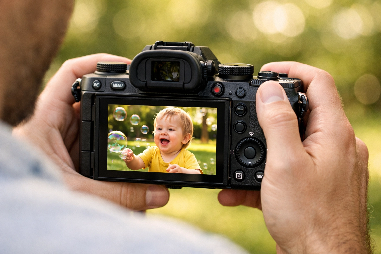 Capturing family memories on a mirrorless camera screen showing a laughing child.
