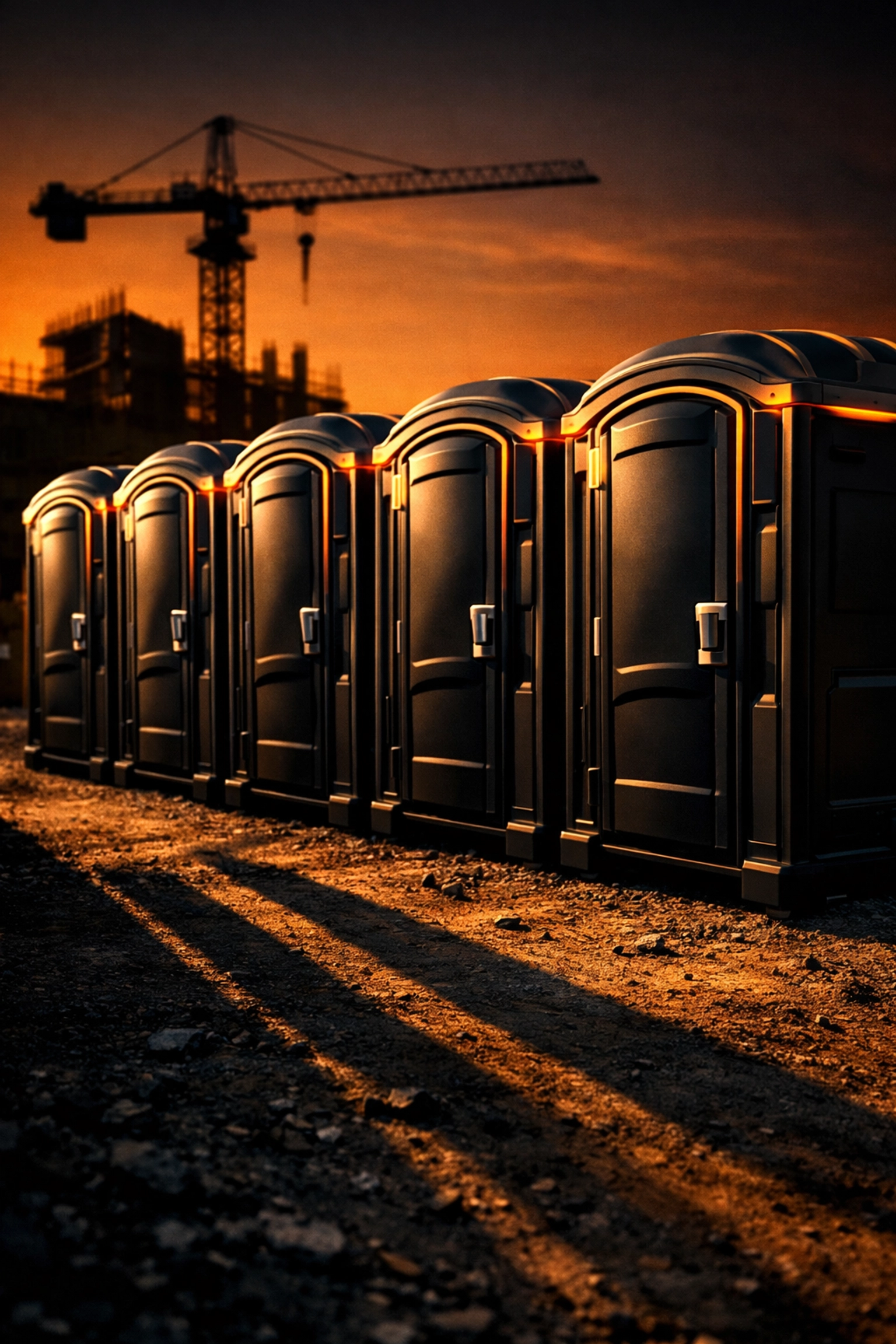 A row of premium portable toilet rental units at a professional Fort Wayne construction site.