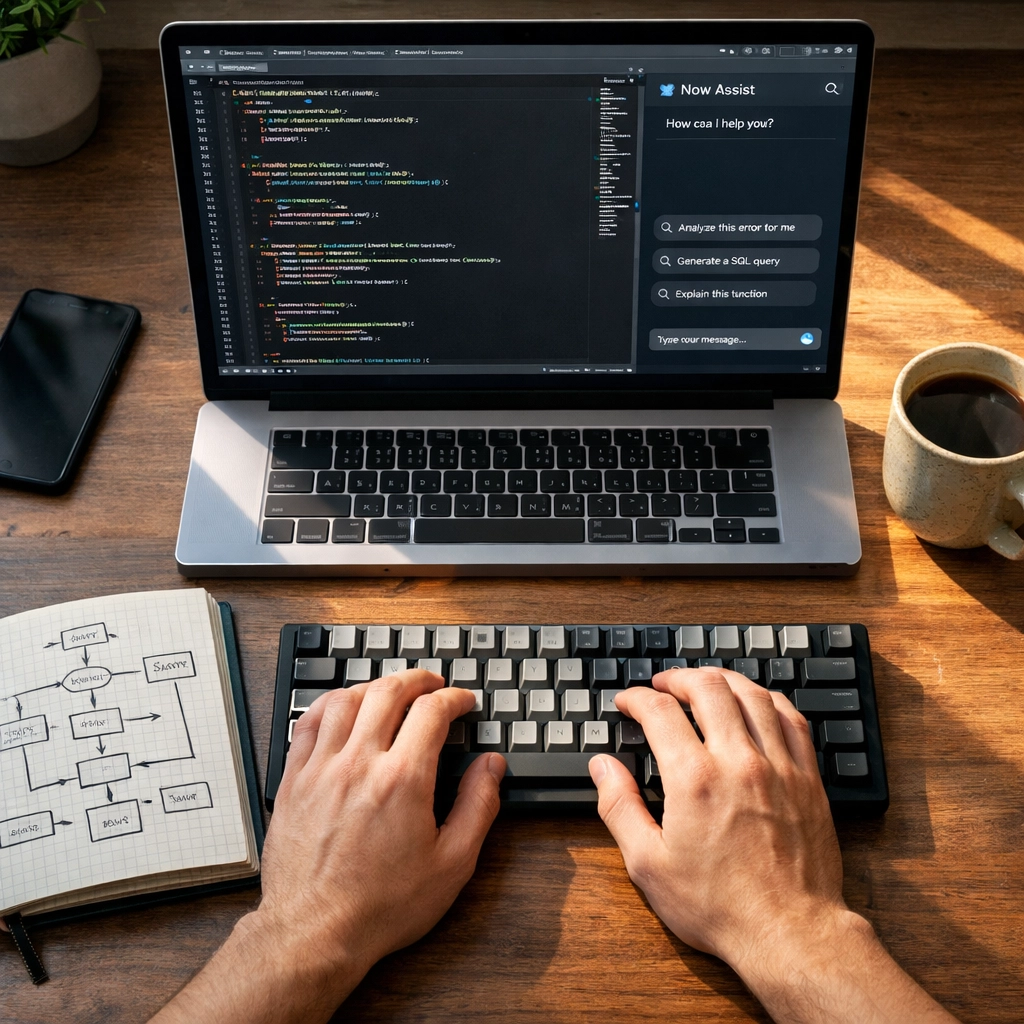 ServiceNow developer using Now Assist AI on a laptop for custom application coding and validation.