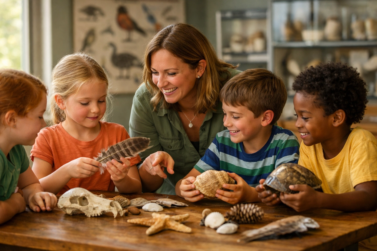 Children participating in hands-on zoo educational workshop examining animal artifacts with educator