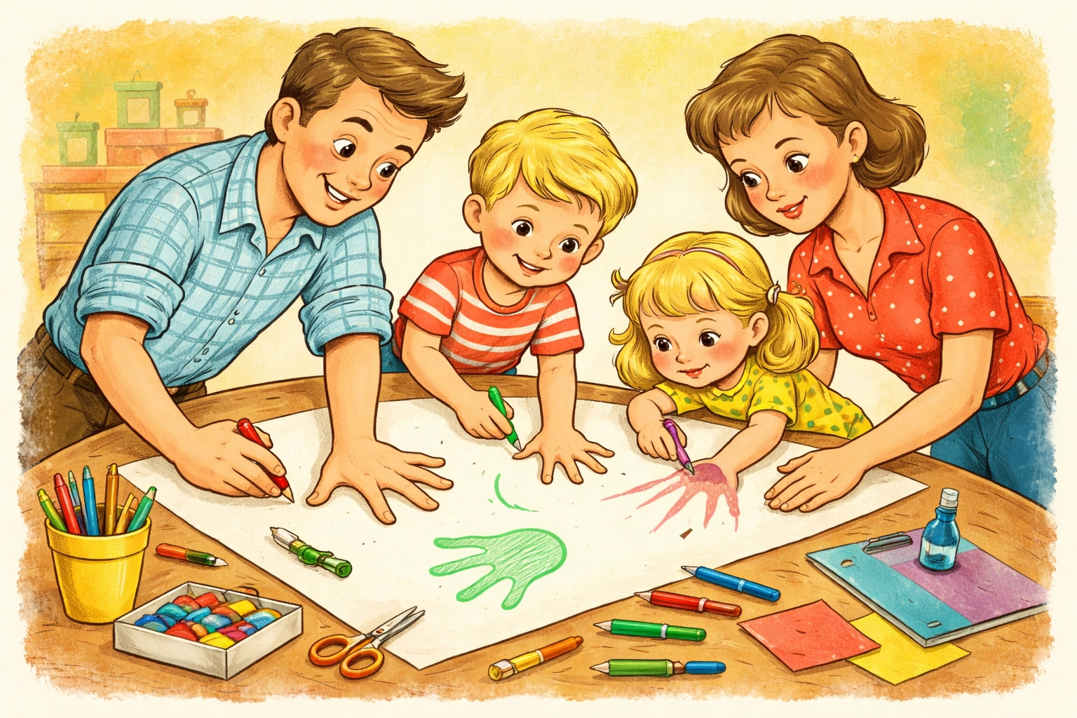 Family gathered around kitchen table smiling while preparing to make a hand outline poster together