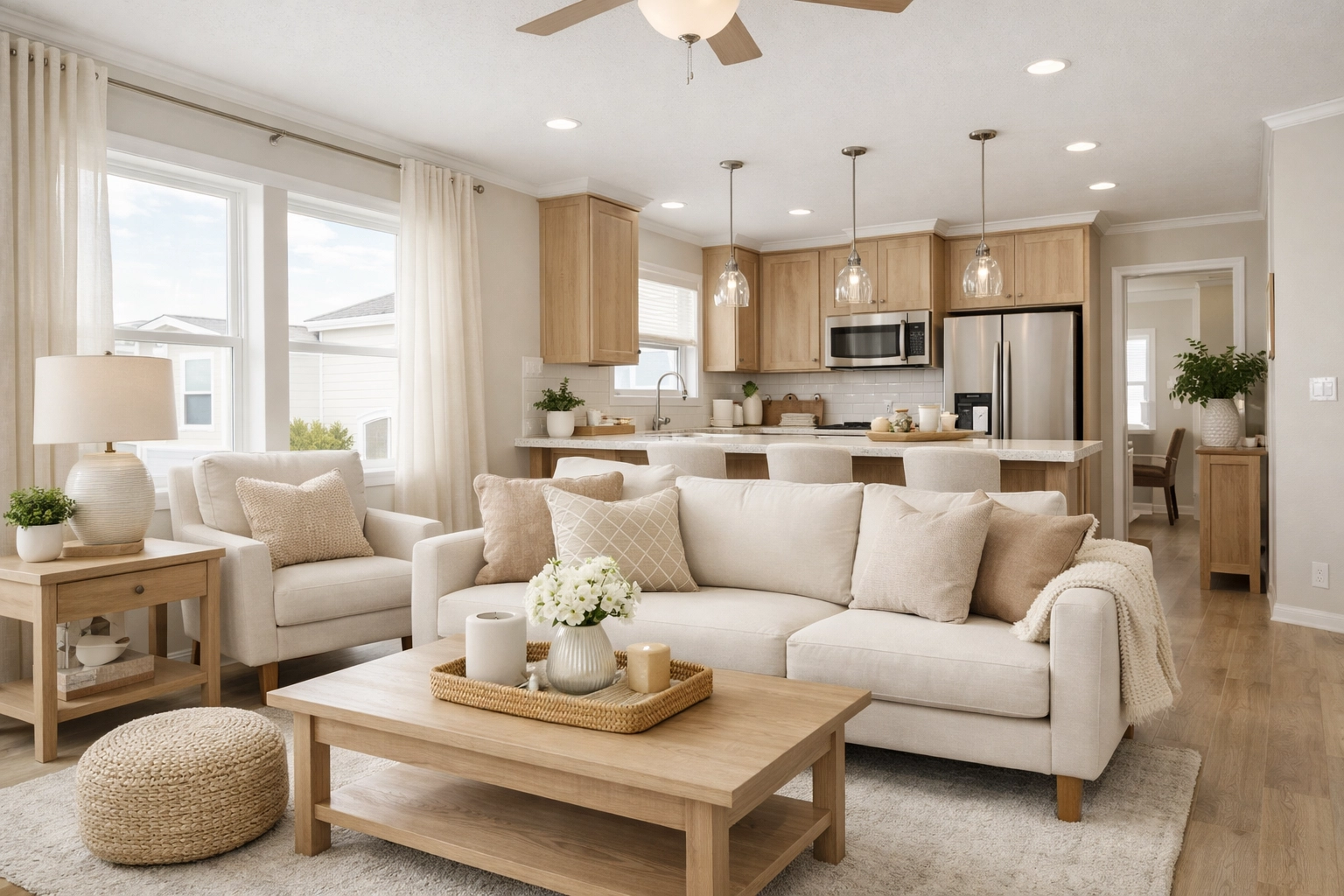 Modern open-concept interior of a manufactured home with bright natural light.