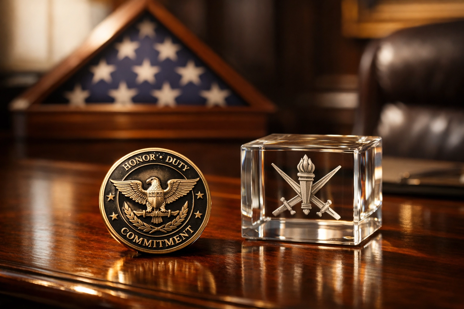 Professional mahogany desk with a veteran challenge coin and American flag, representing SDVOSB business certification.
