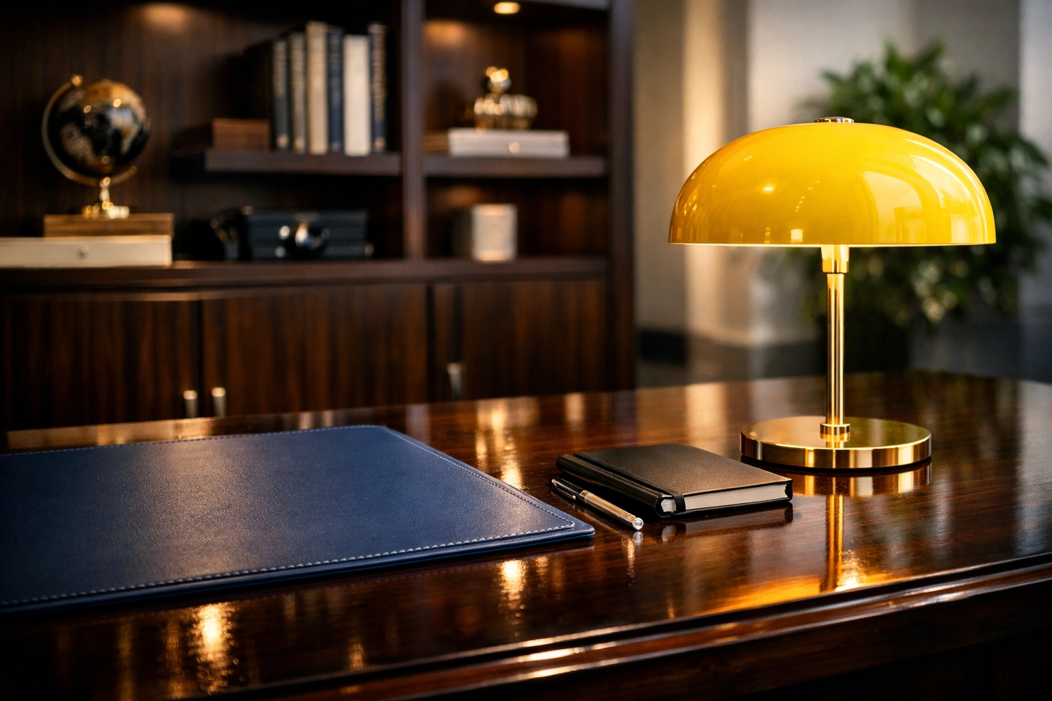 Detailed cleaning of a polished executive desk in a professional Harvard business environment.