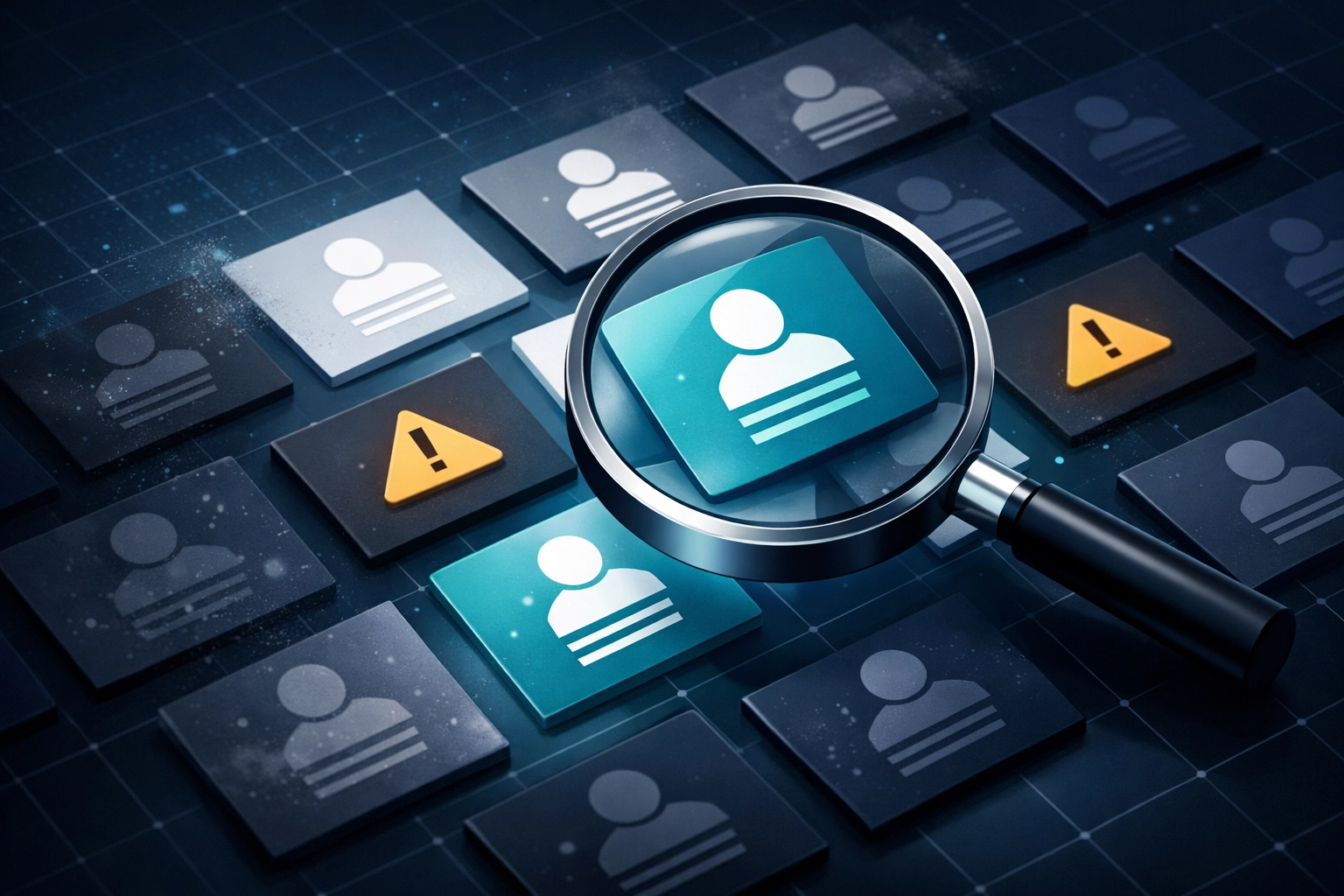 Magnifying glass examining user account cards during credential audit and security review process