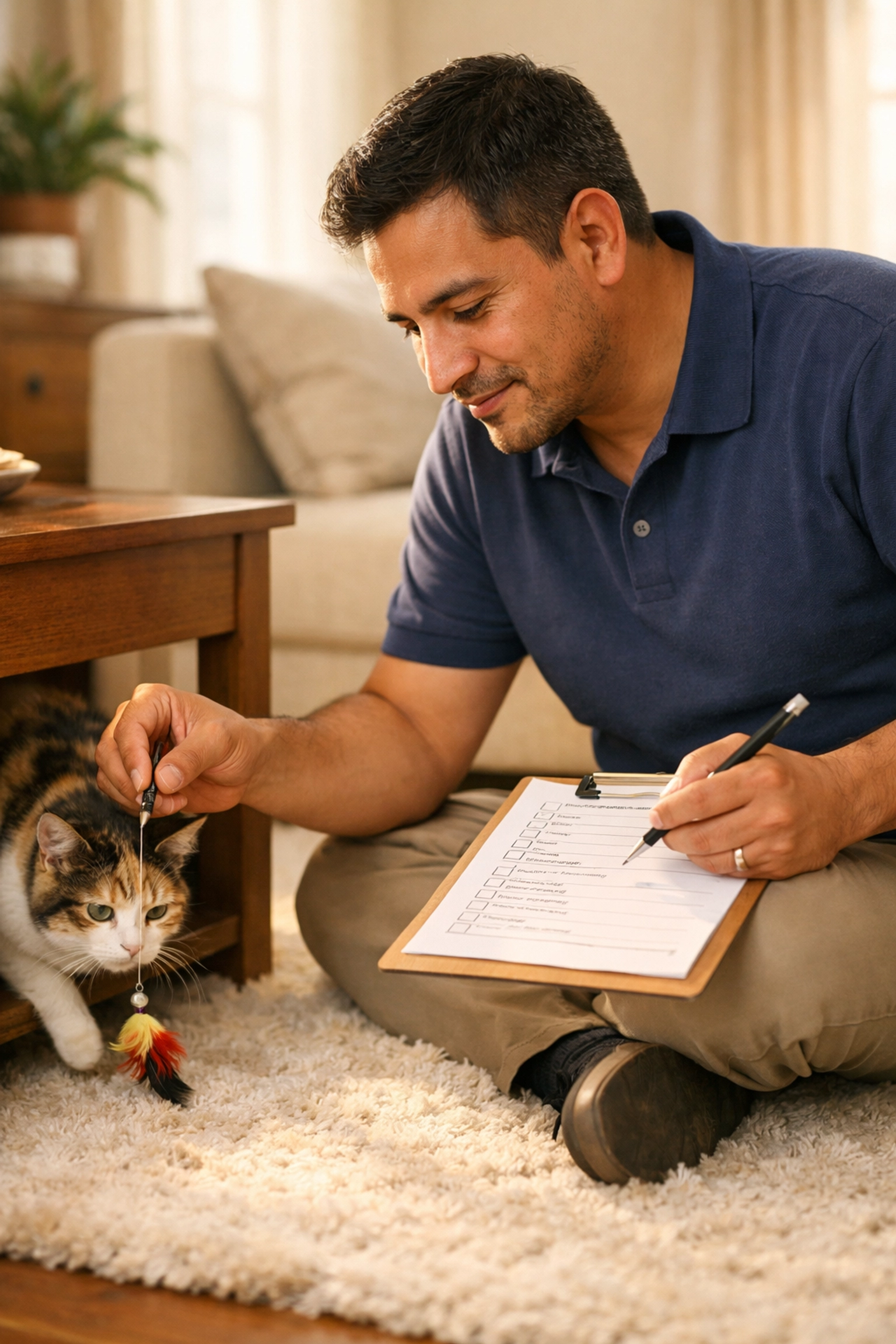 A professional cat sitter in Palo Alto uses a checklist while providing in-home cat care for a calico cat.