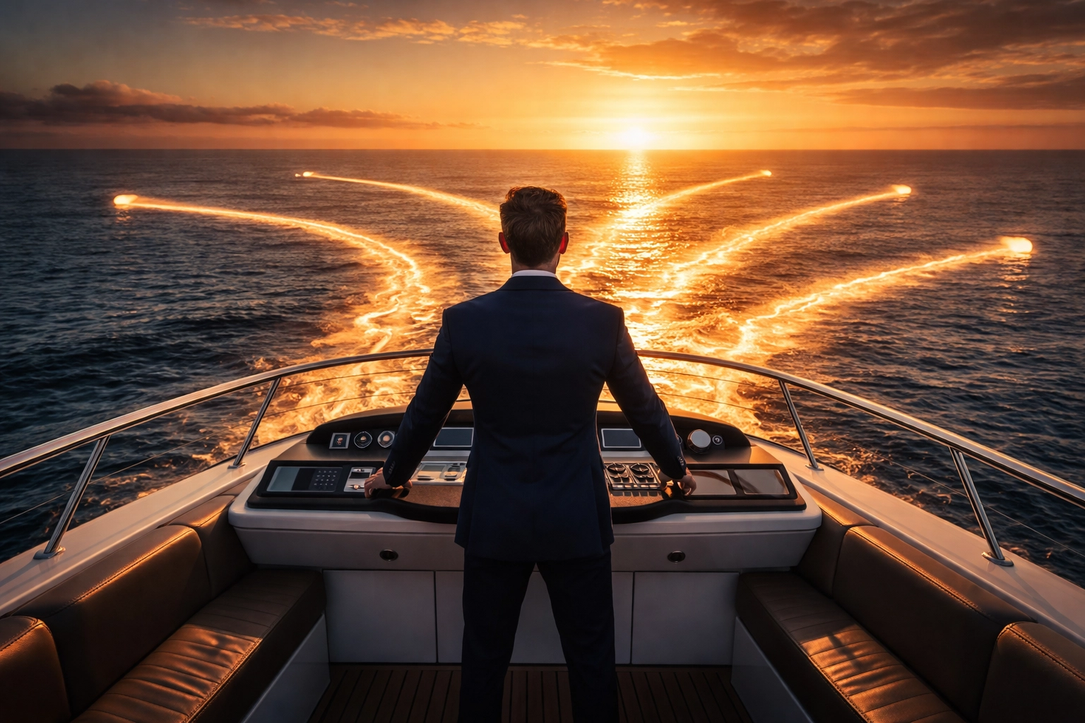 Confident investor steering a yacht toward multiple pathways, symbolizing strategic choices and wealth management opportunities.