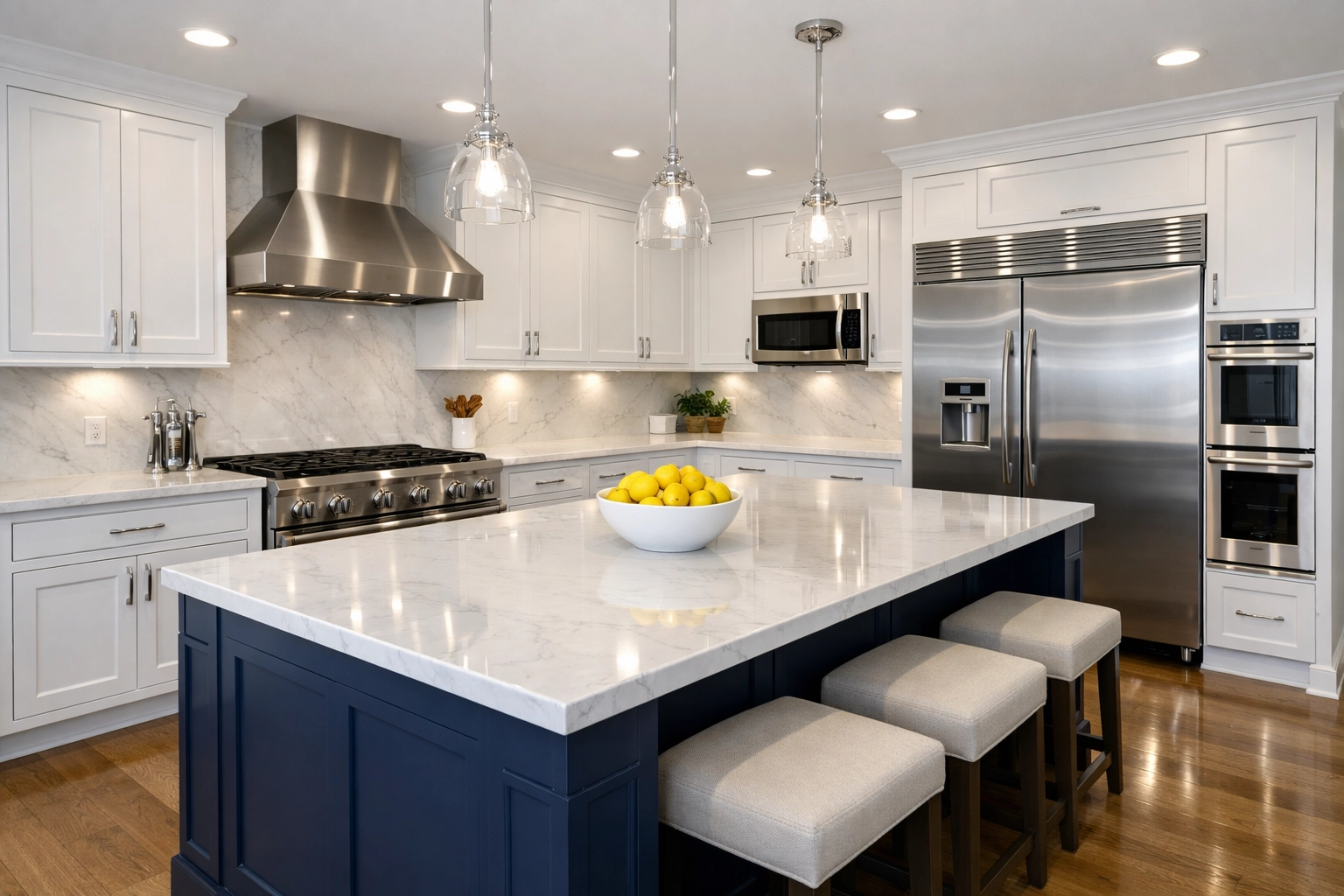 Gourmet kitchen in Acton MA after professional house cleaning featuring spotless marble countertops.