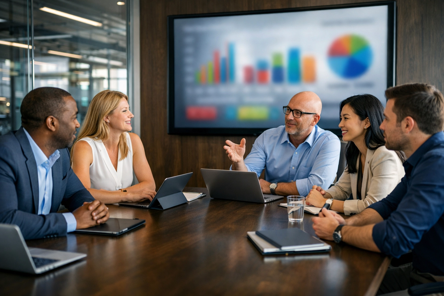 Corporate team in a high-tech boardroom collaborating on strategic consulting and global media data.