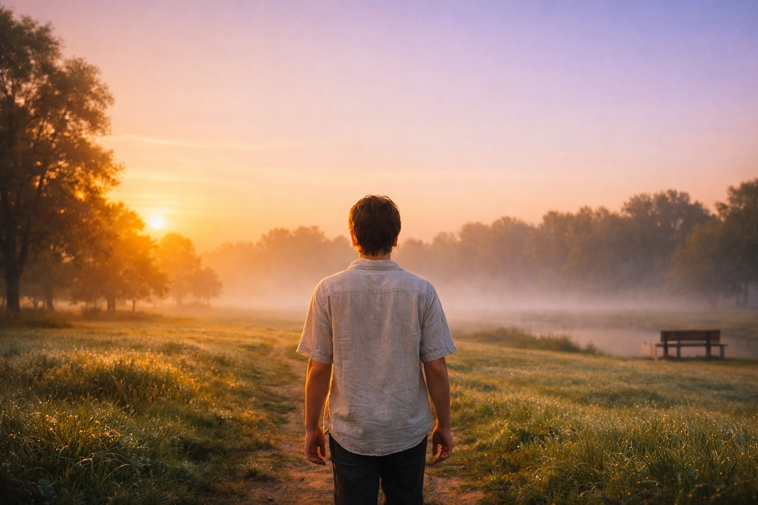 A young person walks through a serene park at sunrise, representing resilience and healing from academic burnout.
