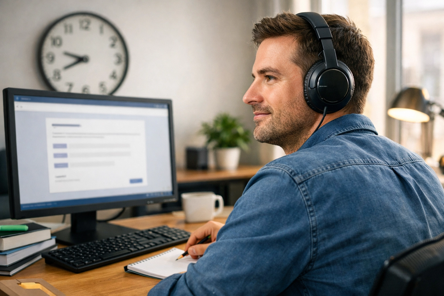 Student taking CLEP exam on computer in quiet testing environment with focused concentration