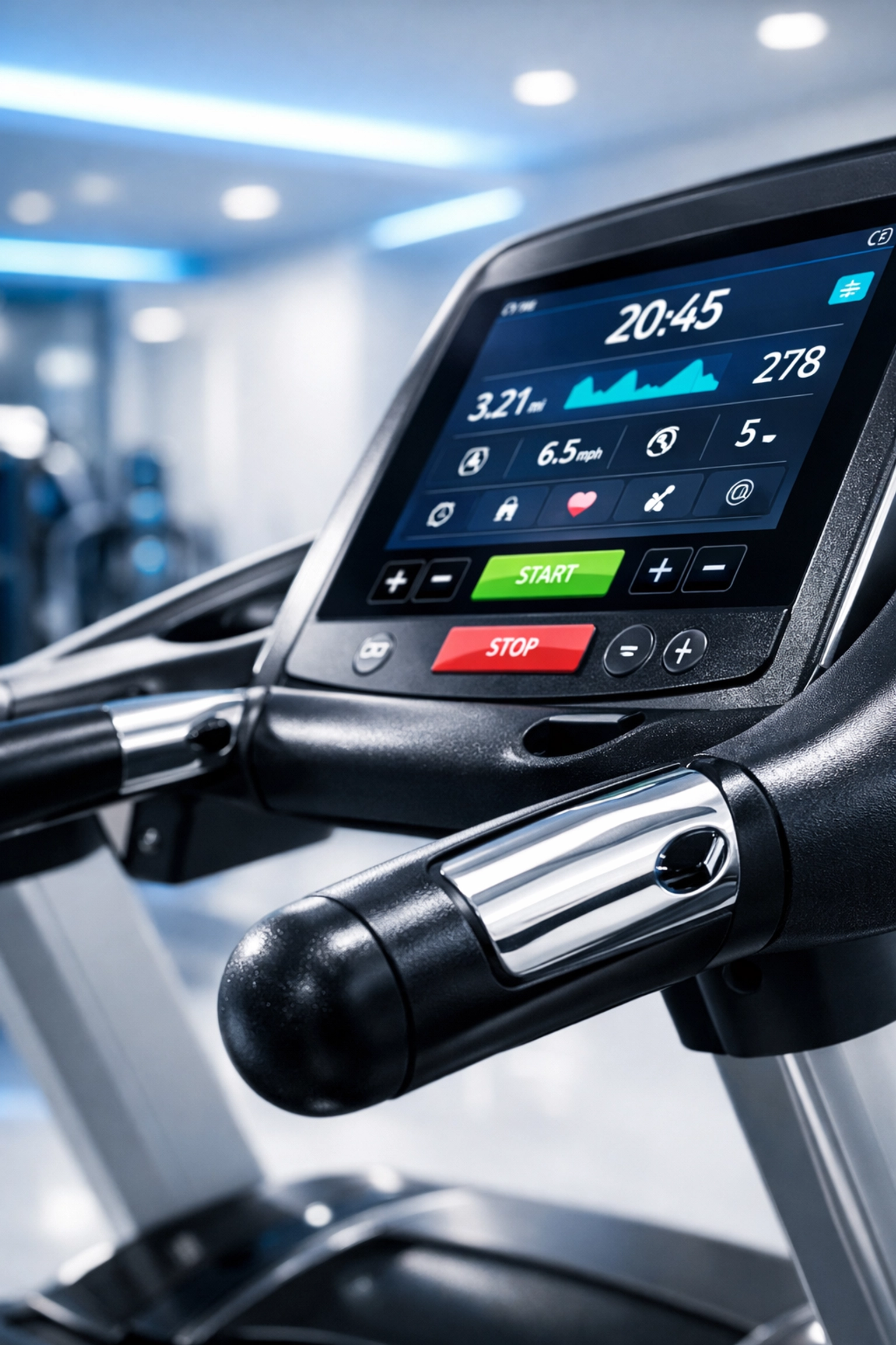 Streak-free treadmill console showing professional sanitization in a fitness center.