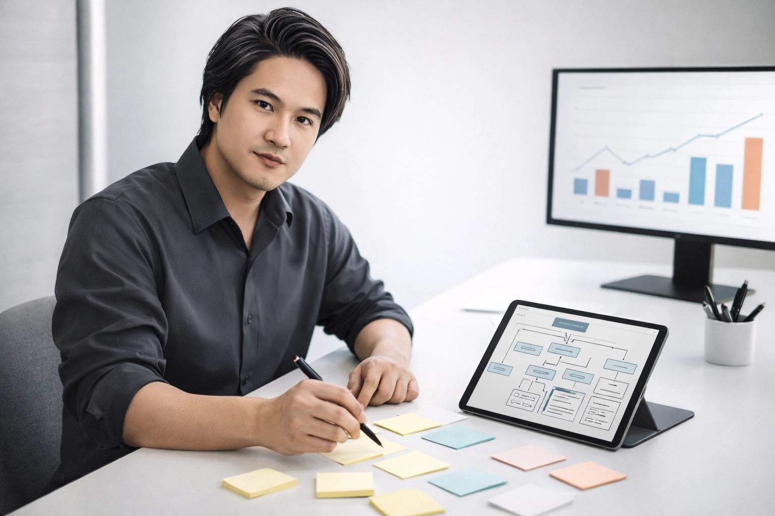 Simon Leung planning an SEO content structure with a clean outline and analytics chart for better search rankings