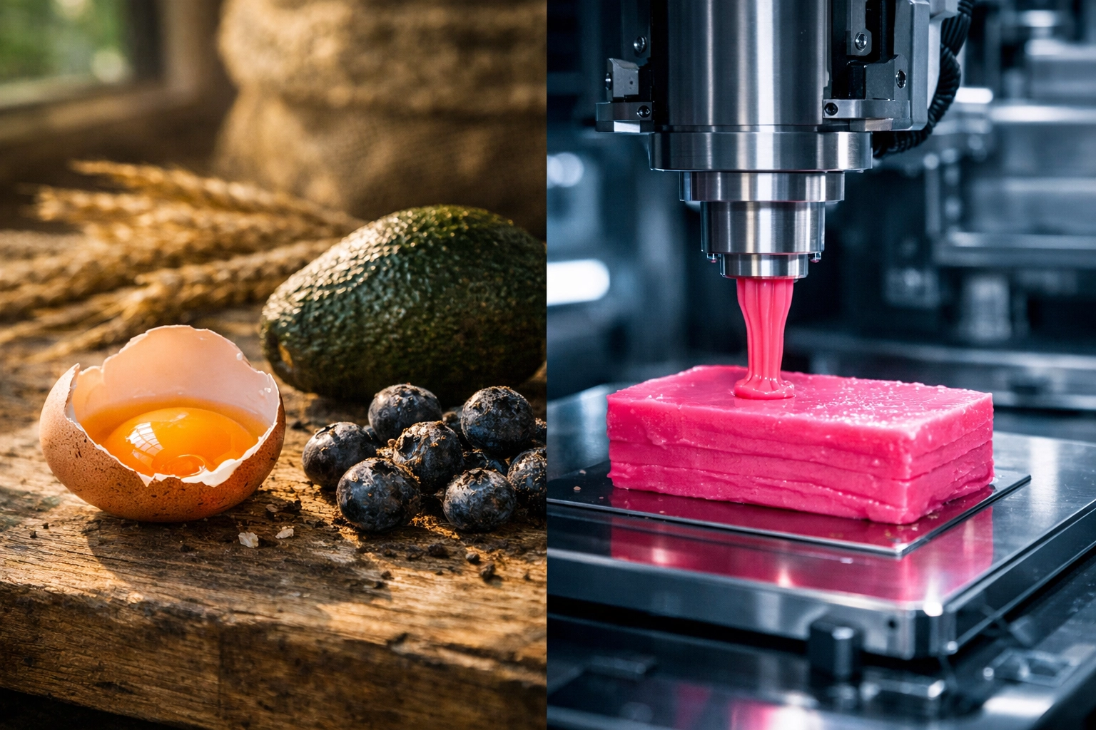 Split view comparing natural whole foods to synthetic ultra-processed industrial food production.