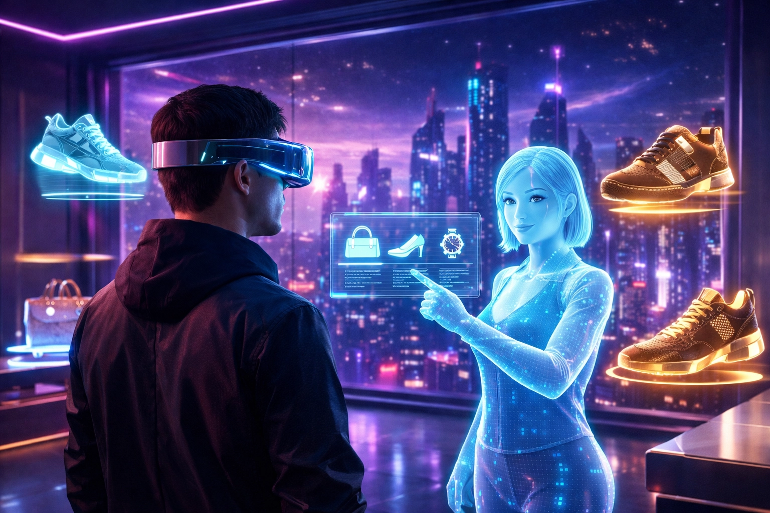 AI-powered metaverse shopping experience featuring a VR headset user in a futuristic holographic boutique.