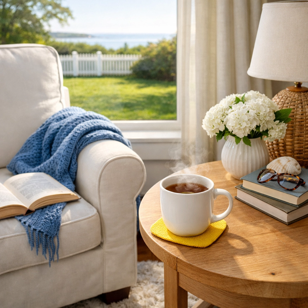 Tidy sunlit reading nook showing the peace of mind from professional residential cleaning services.