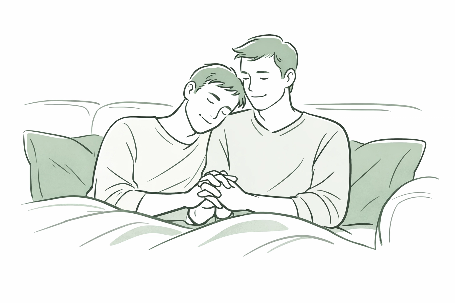 MM couple on a sofa sharing emotional intimacy and romantic attraction in an asexual relationship.