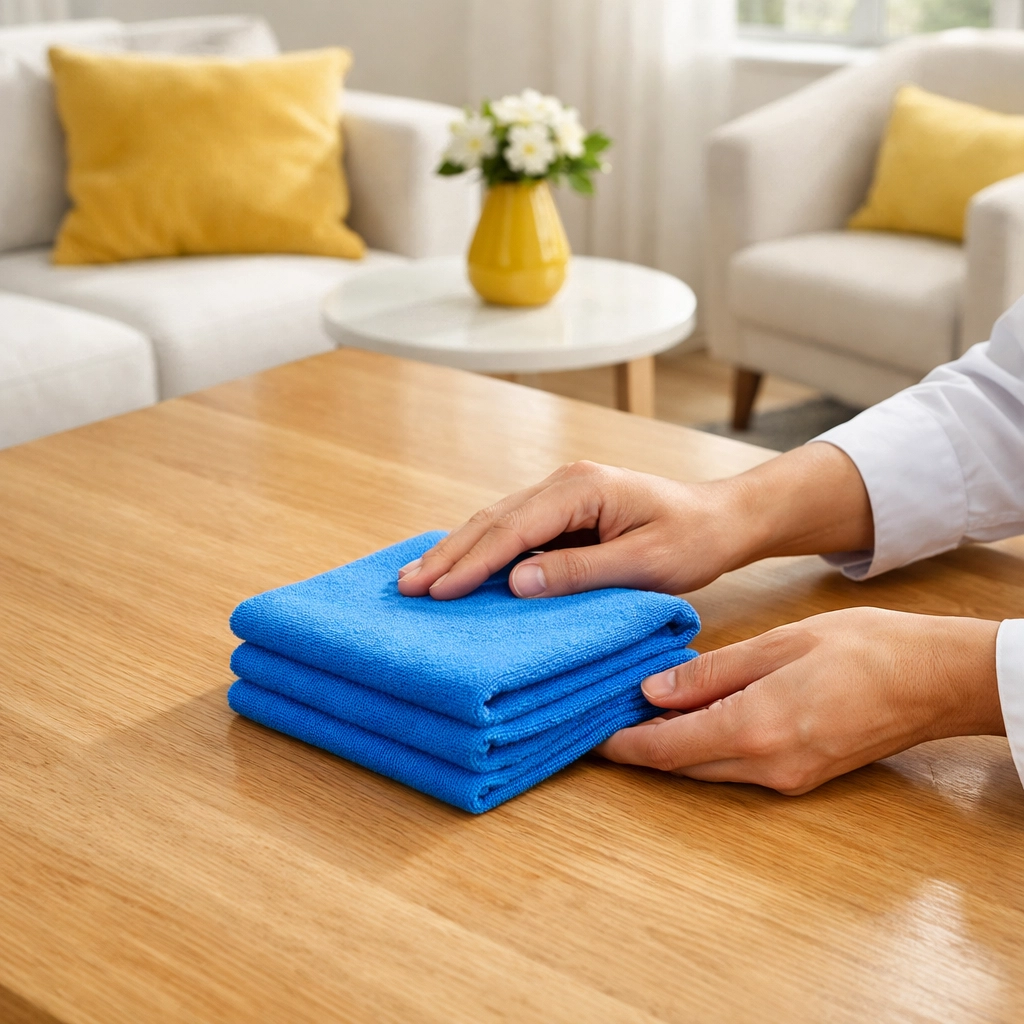 A blue microfiber cloth being folded into a square for efficient weekly house cleaning and dusting.