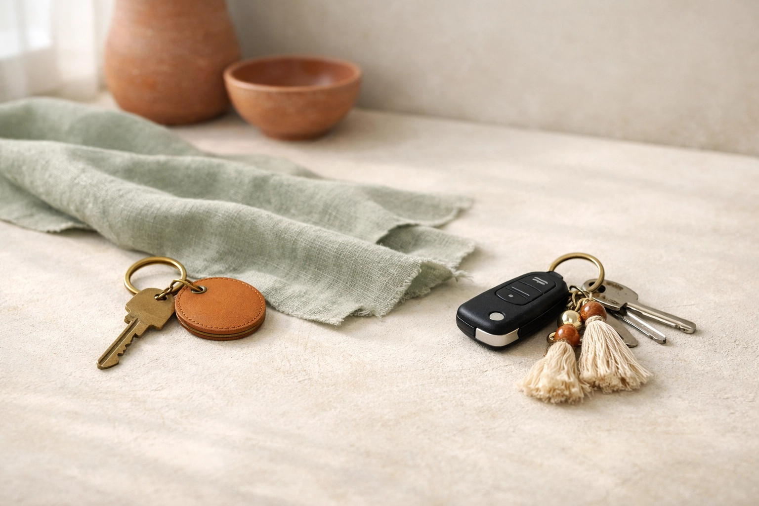 Two separate keyrings on a cream textured surface in a Business Boho palette, symbolizing how long does divorce take in Virginia.
