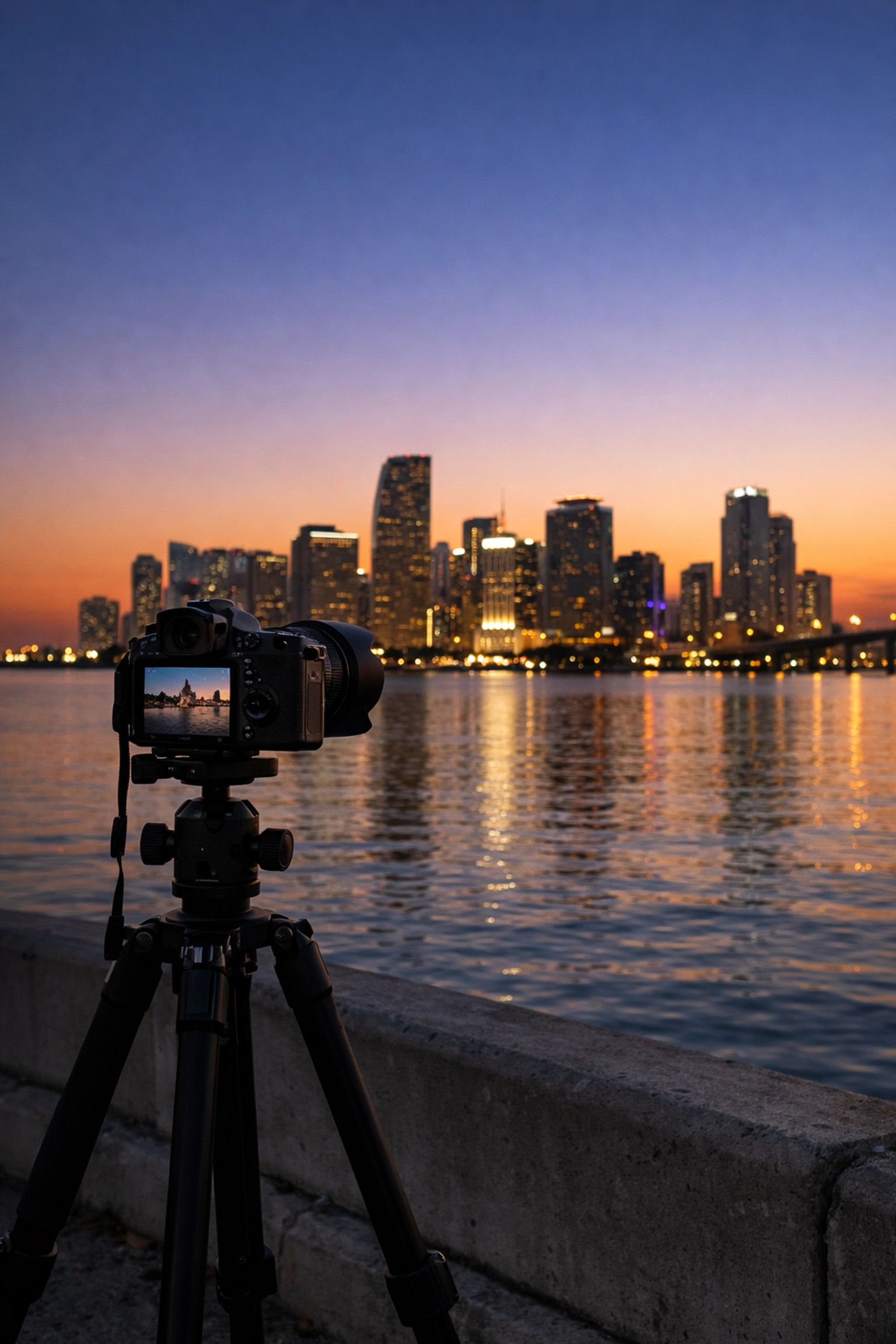 Camera on a tripod at Rickenbacker Causeway overlooking the Miami skyline during a sunset photography tour.