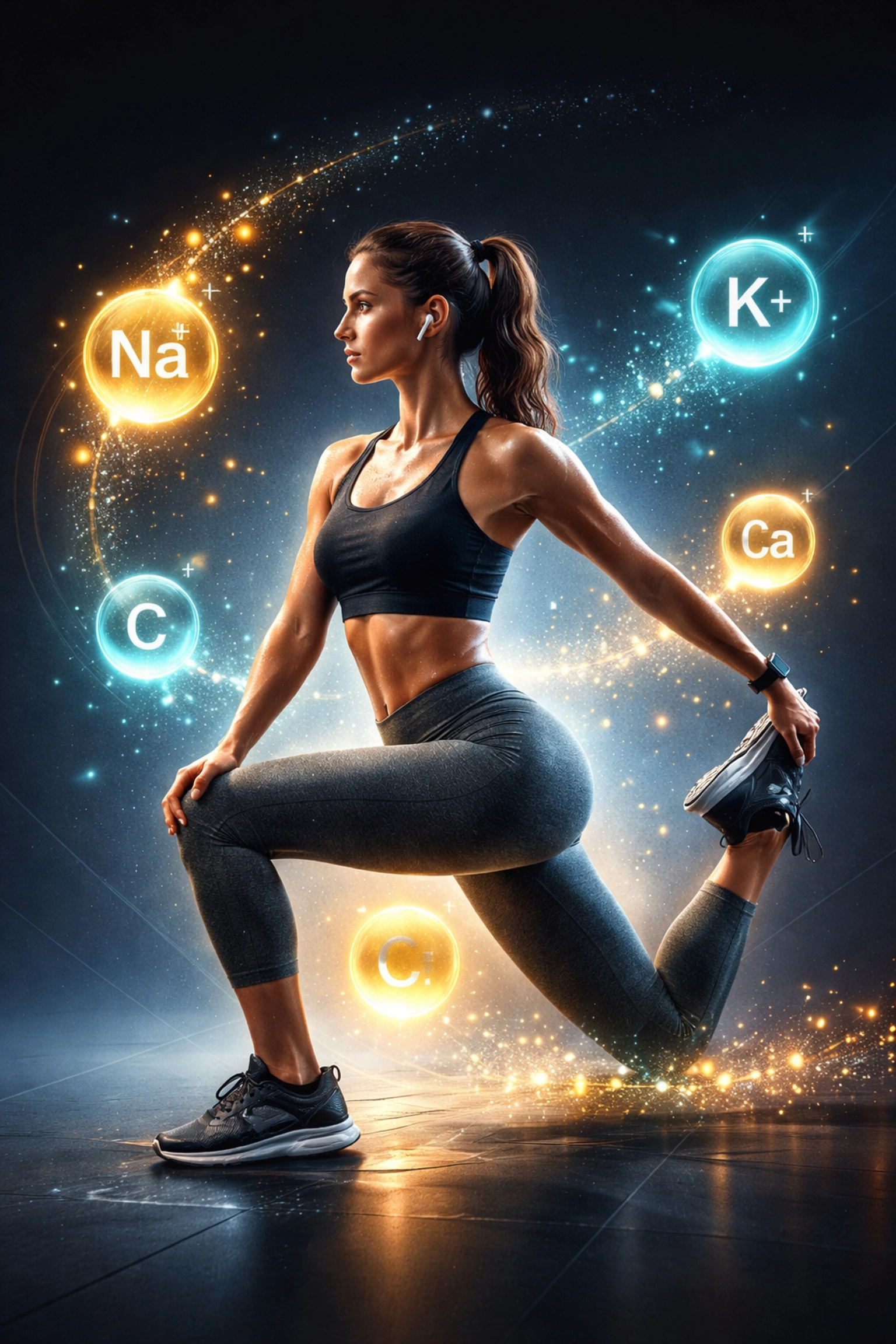 Athletic person stretching post-workout surrounded by symbols of minerals and electrolytes for recovery